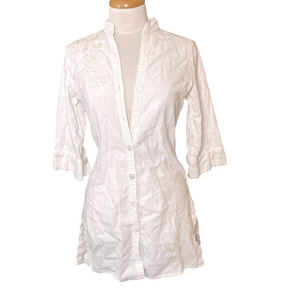 🌷 Basic One🌷 White Linen Tunic Blouse Sequin Embroidered Decoration